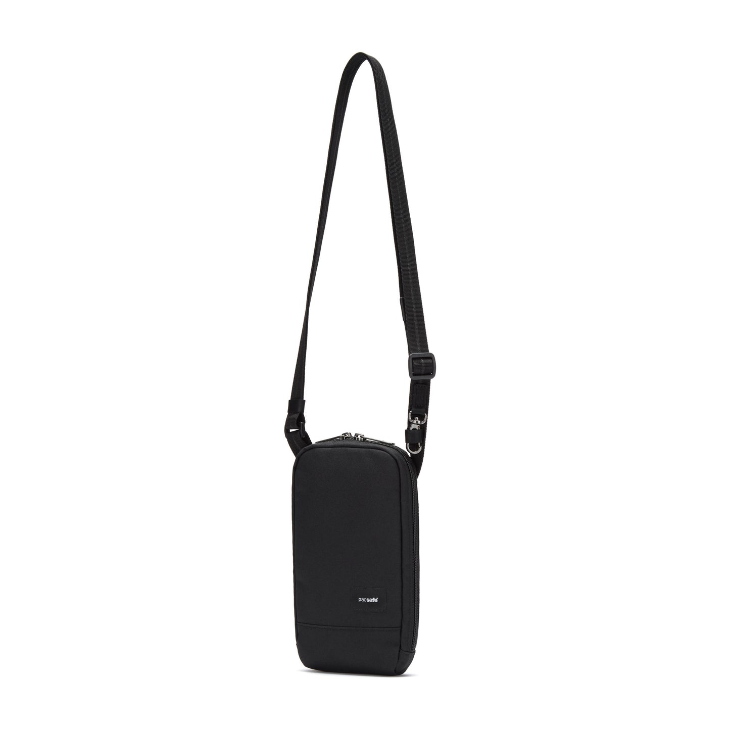 Pacsafe® RFIDsafe™: Black crossbody with adjustable strap, RFID-blocking, and front logo.
