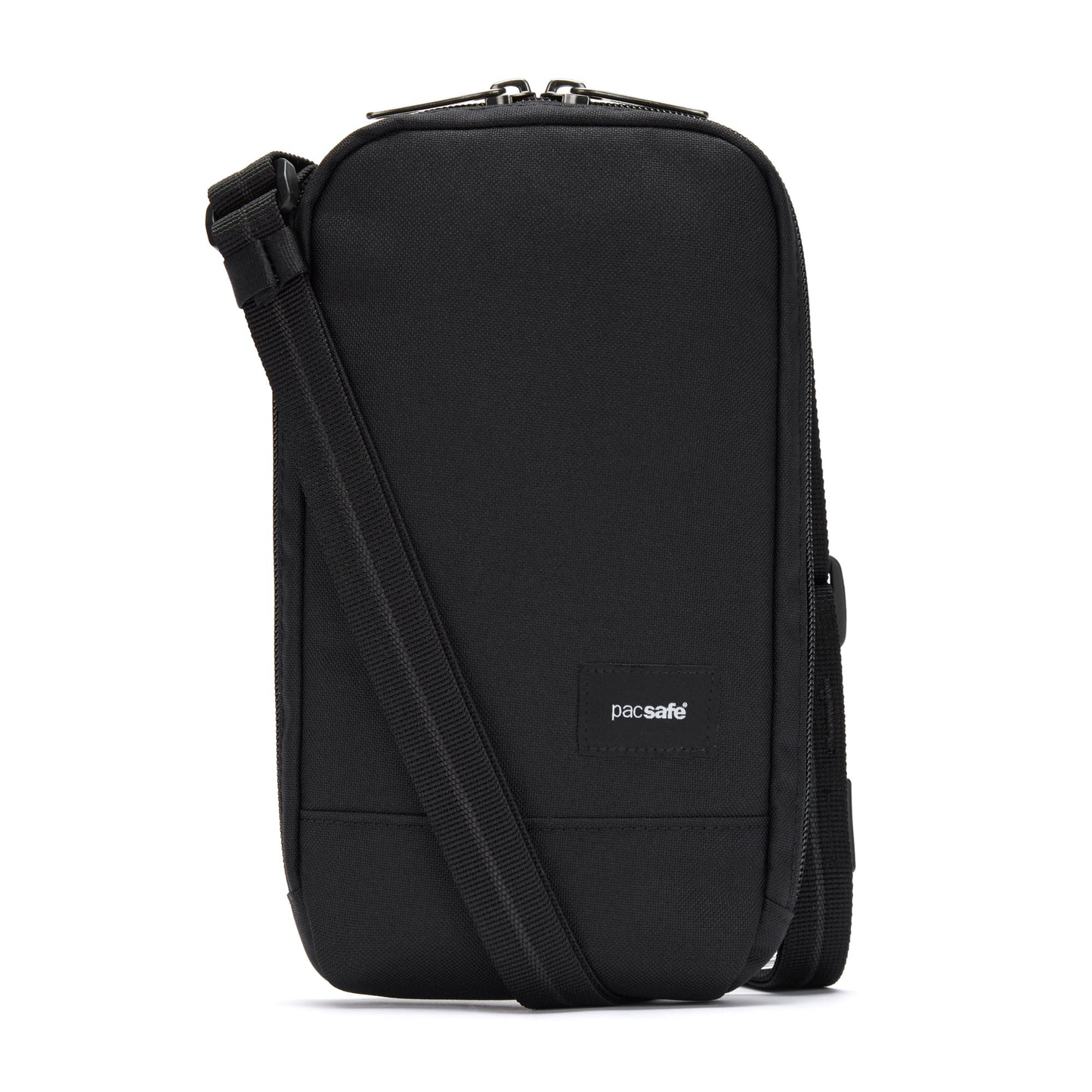 Pacsafe® RFIDsafe™ Tech Crossbody: Compact black bag with RFID-blocking, shoulder strap, and dual zippers.