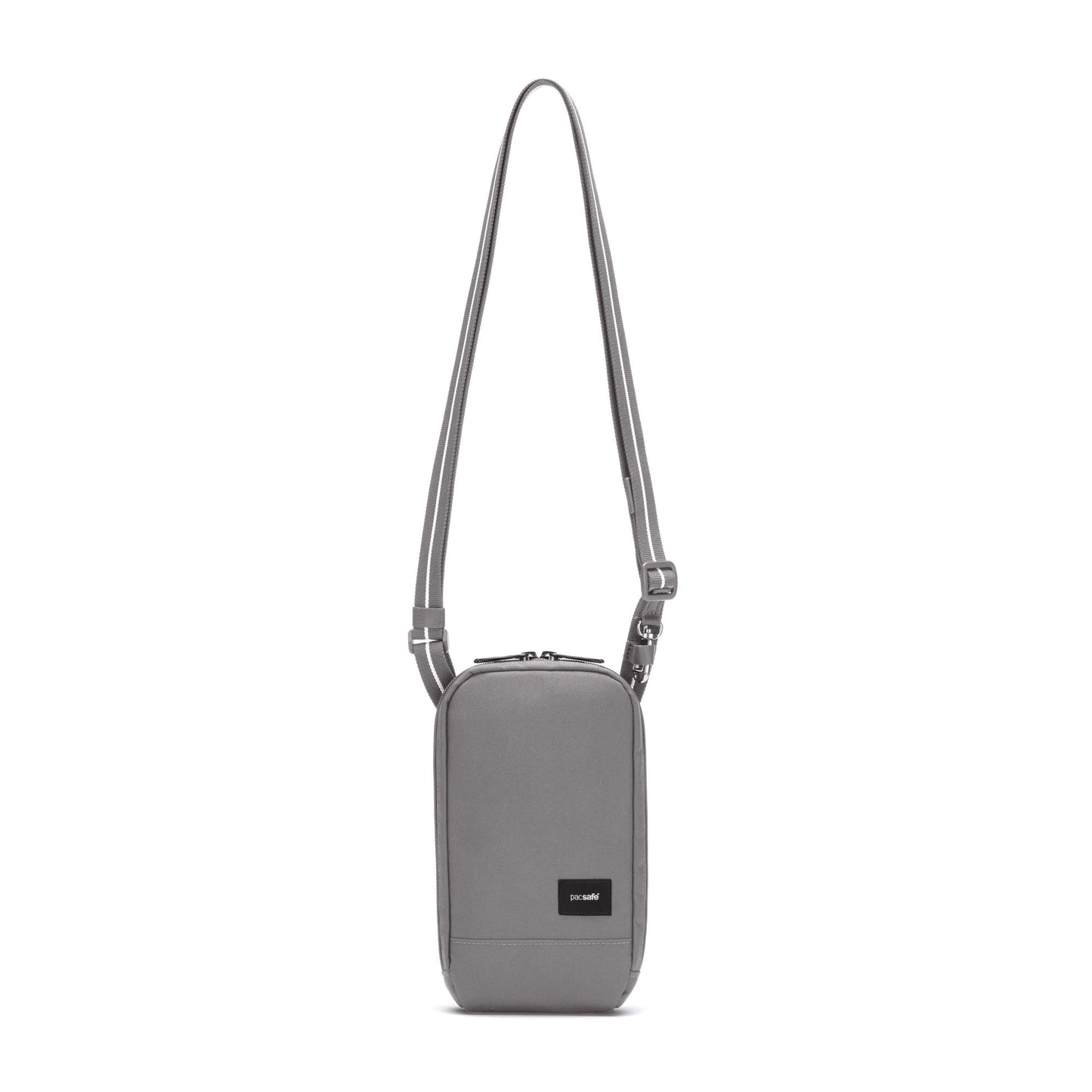 Compact stone grey Pacsafe® RFIDsafe™ crossbody with RFID-blocking, adjustable strap, zippered compartment, and black logo.