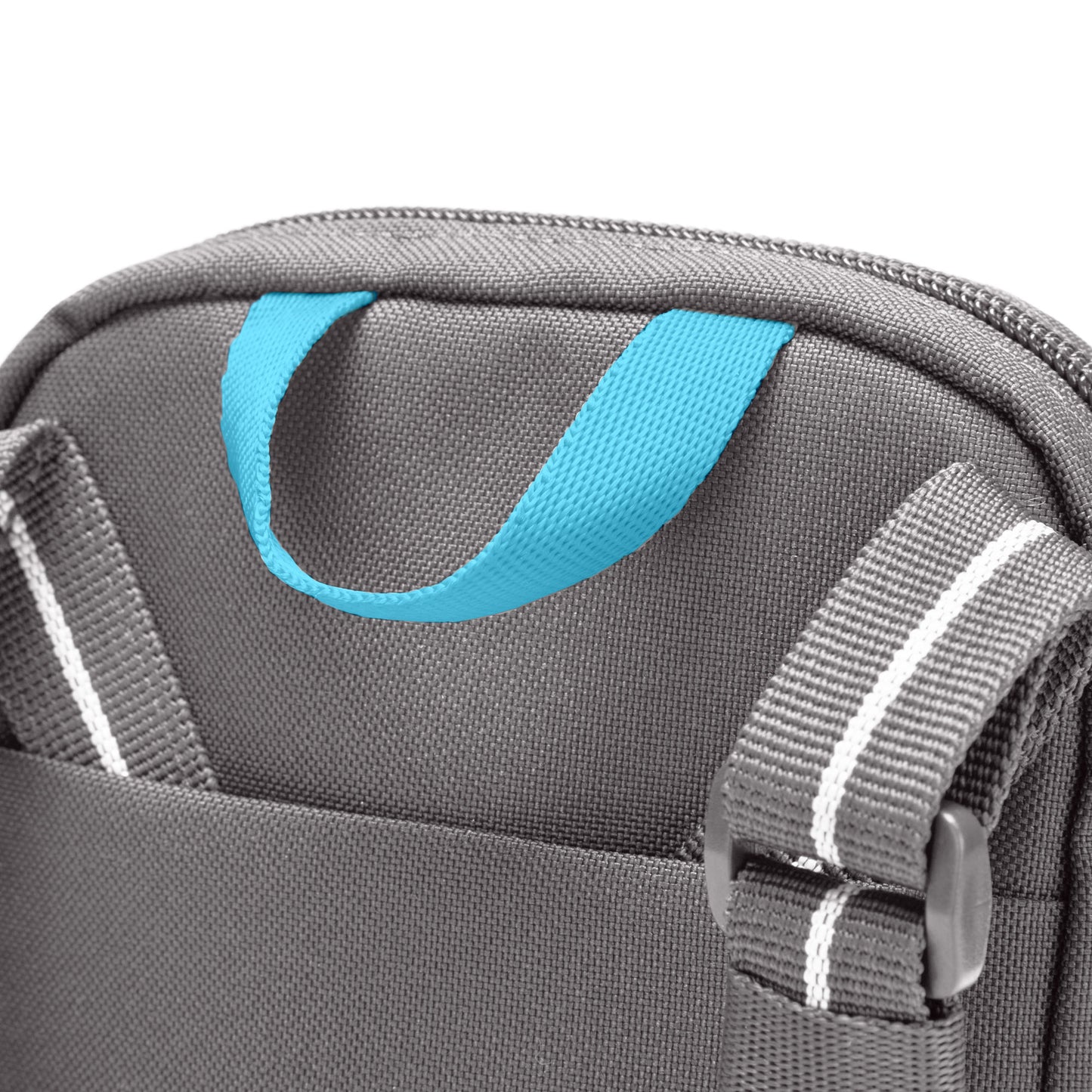 Close up of blue top grab handle on stone Pacsafe® RFIDsafe™ RFID Blocking Tech Crossbody