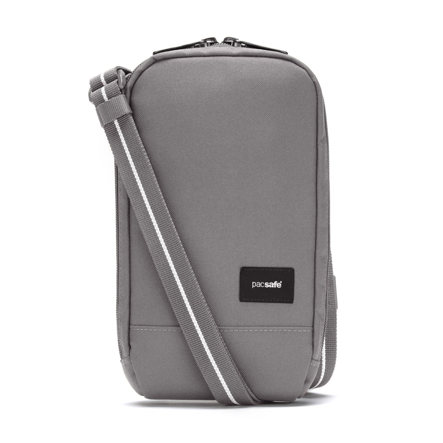 Pacsafe® RFIDsafe™ stone crossbody, recycled polyester, adjustable strap, RFID-block zip, black logo patch.