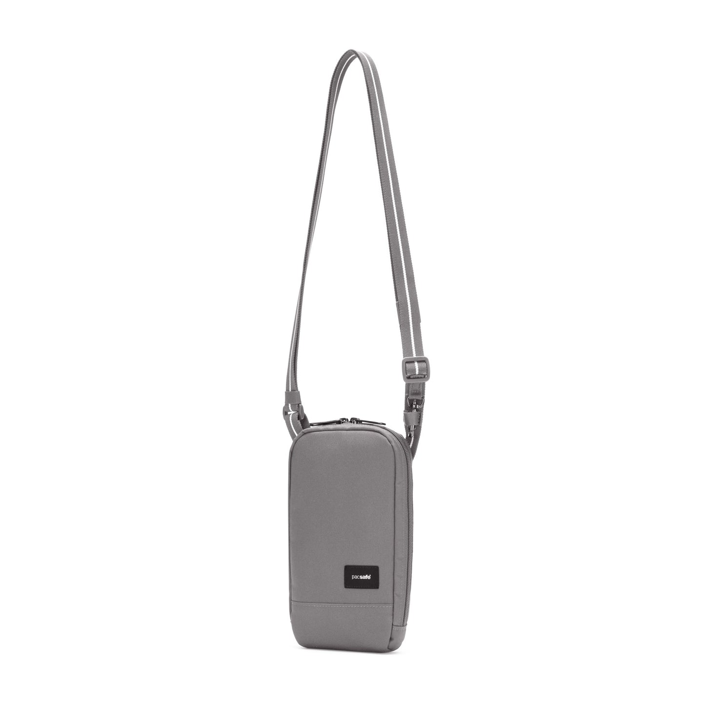 Pacsafe® RFIDsafe™ RFID Blocking Tech Crossbody, stone, front angled view with crossbody strap extended.