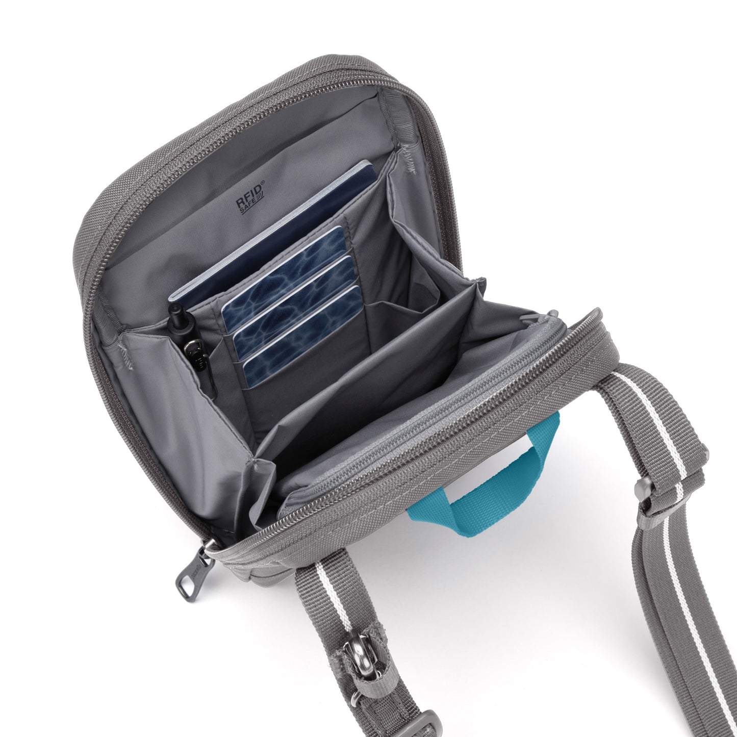 Open view of interior of stone Pacsafe® RFIDsafe™ RFID Blocking Tech Crossbody
