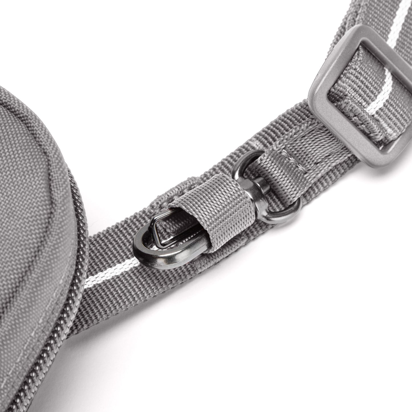 Close up of security clip on strap of stone Pacsafe® RFIDsafe™ RFID Blocking Tech Crossbody
