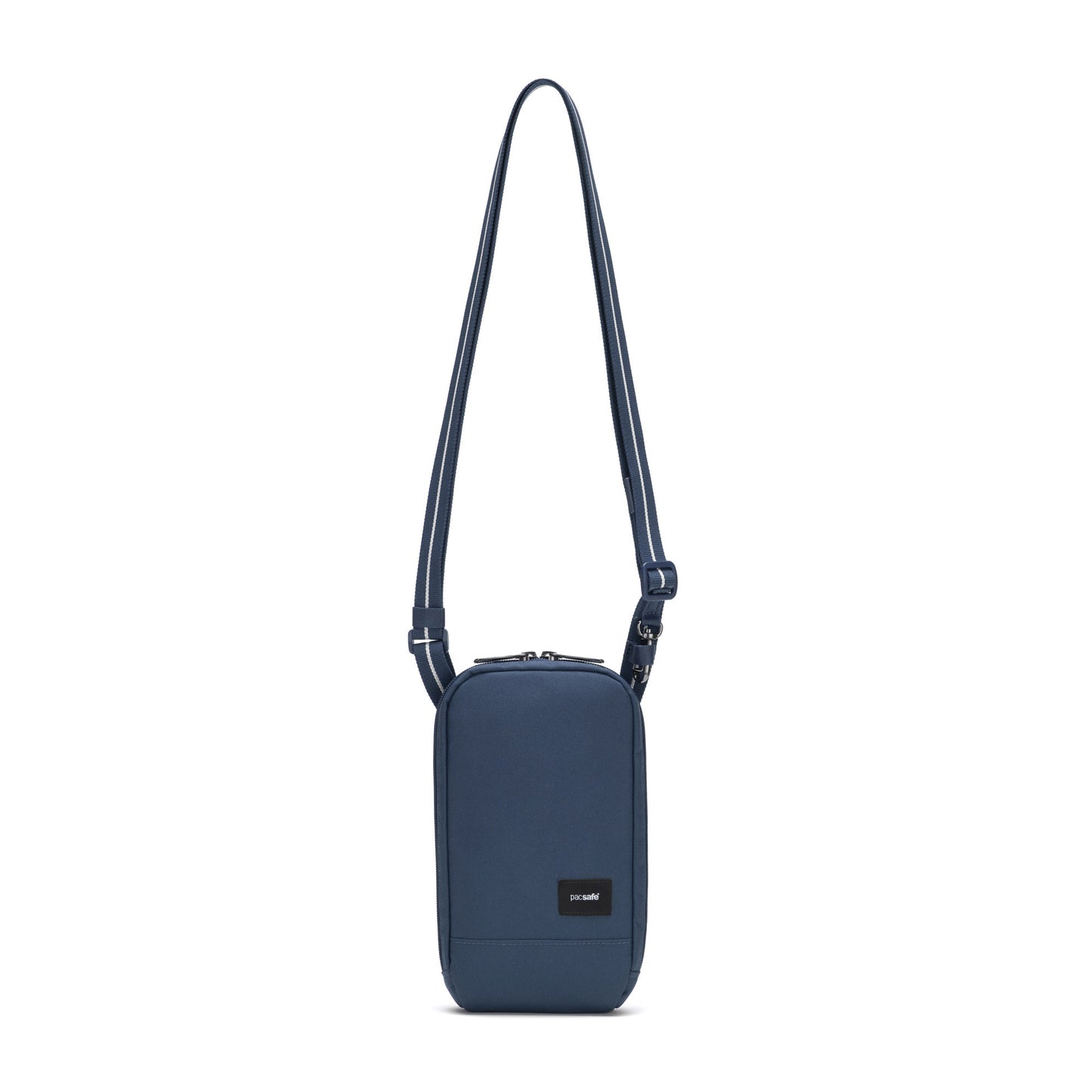 Blue rectangular Pacsafe® RFIDsafe™ crossbody in recycled polyester with adjustable strap, zip closure, and logo.