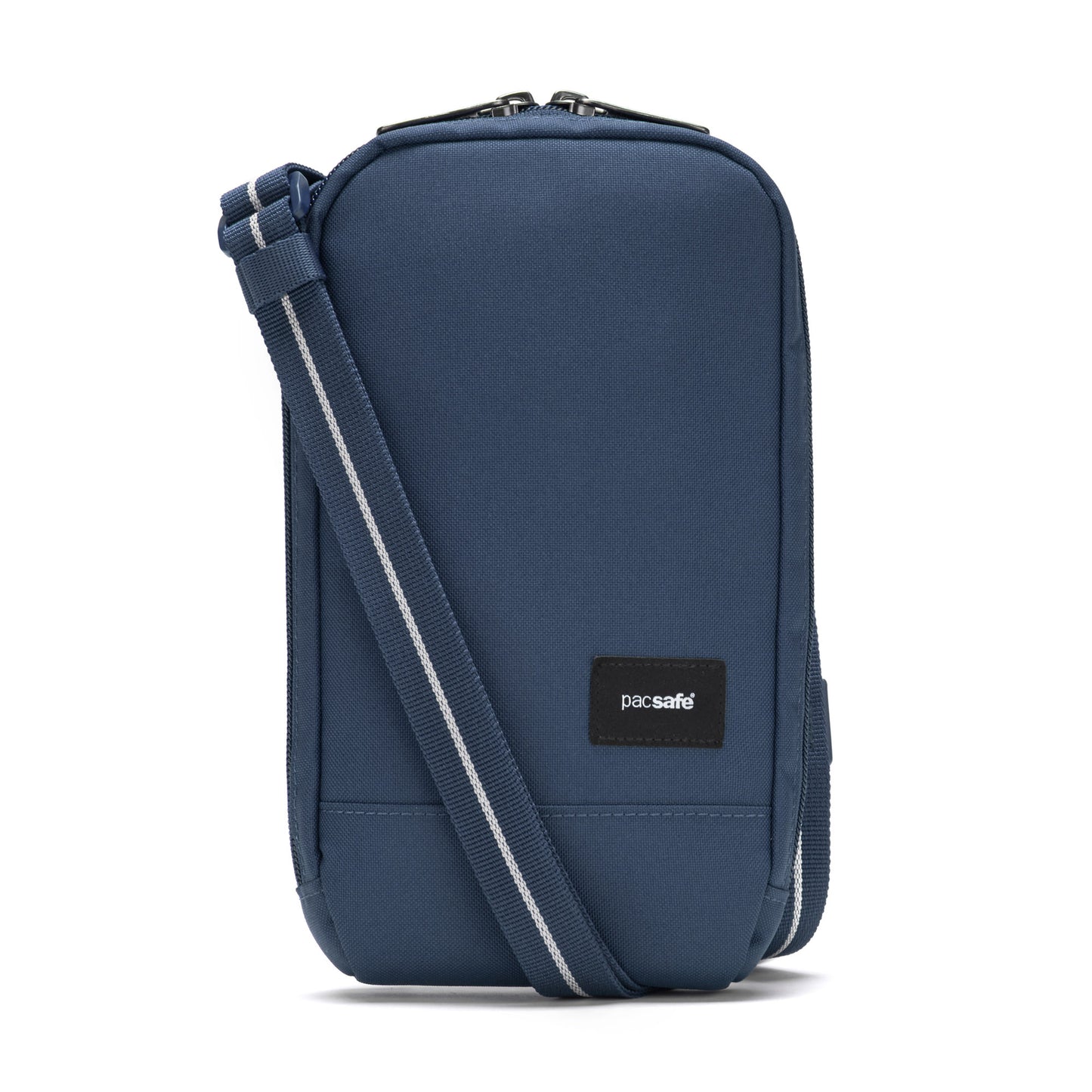 Pacsafe® RFIDsafe™ blue crossbody bag with RFID-blocking, adjustable strap, and front black label.