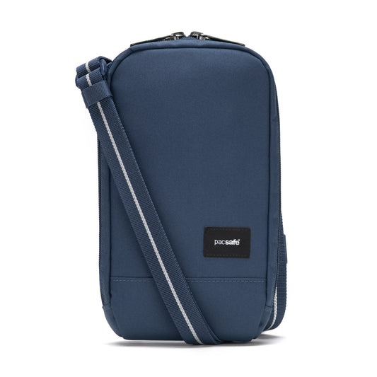 Product Image – Pacsafe® RFIDsafe™ blue crossbody bag with RFID-blocking, adjustable strap, and front black label.