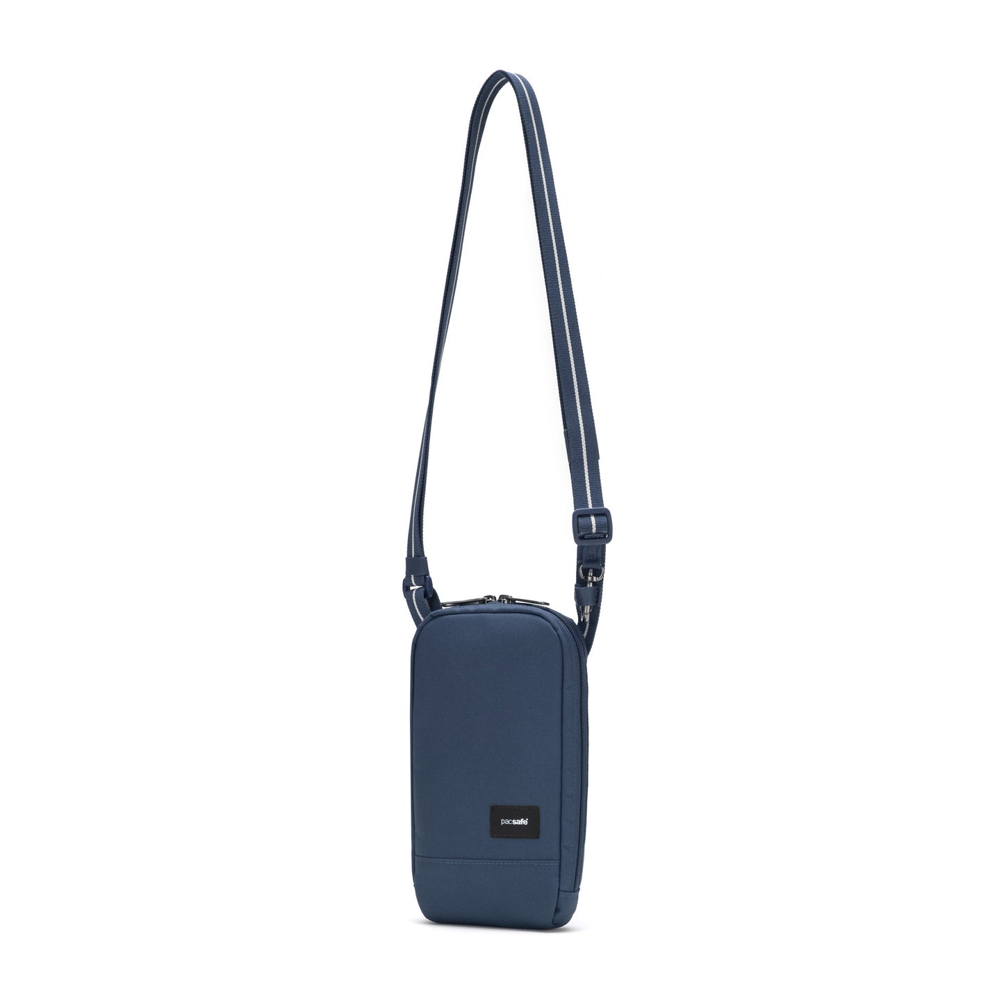 Pacsafe® RFIDsafe™ tech crossbody, blue, recycled polyester, adjustable strap and front pocket.