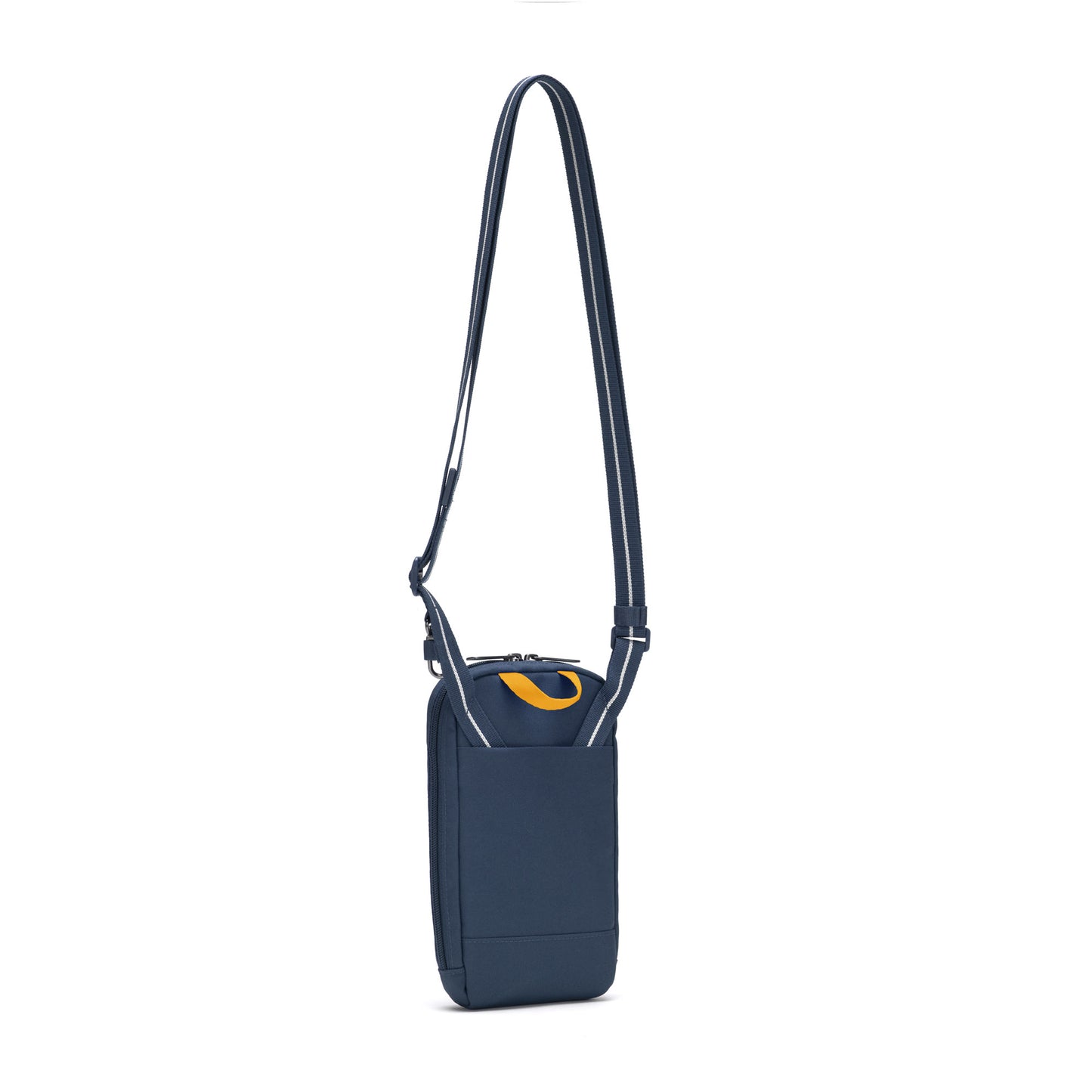 The Pacsafe® RFIDsafe™ Crossbody is a blue recycled polyester bag with a yellow handle and long strap.