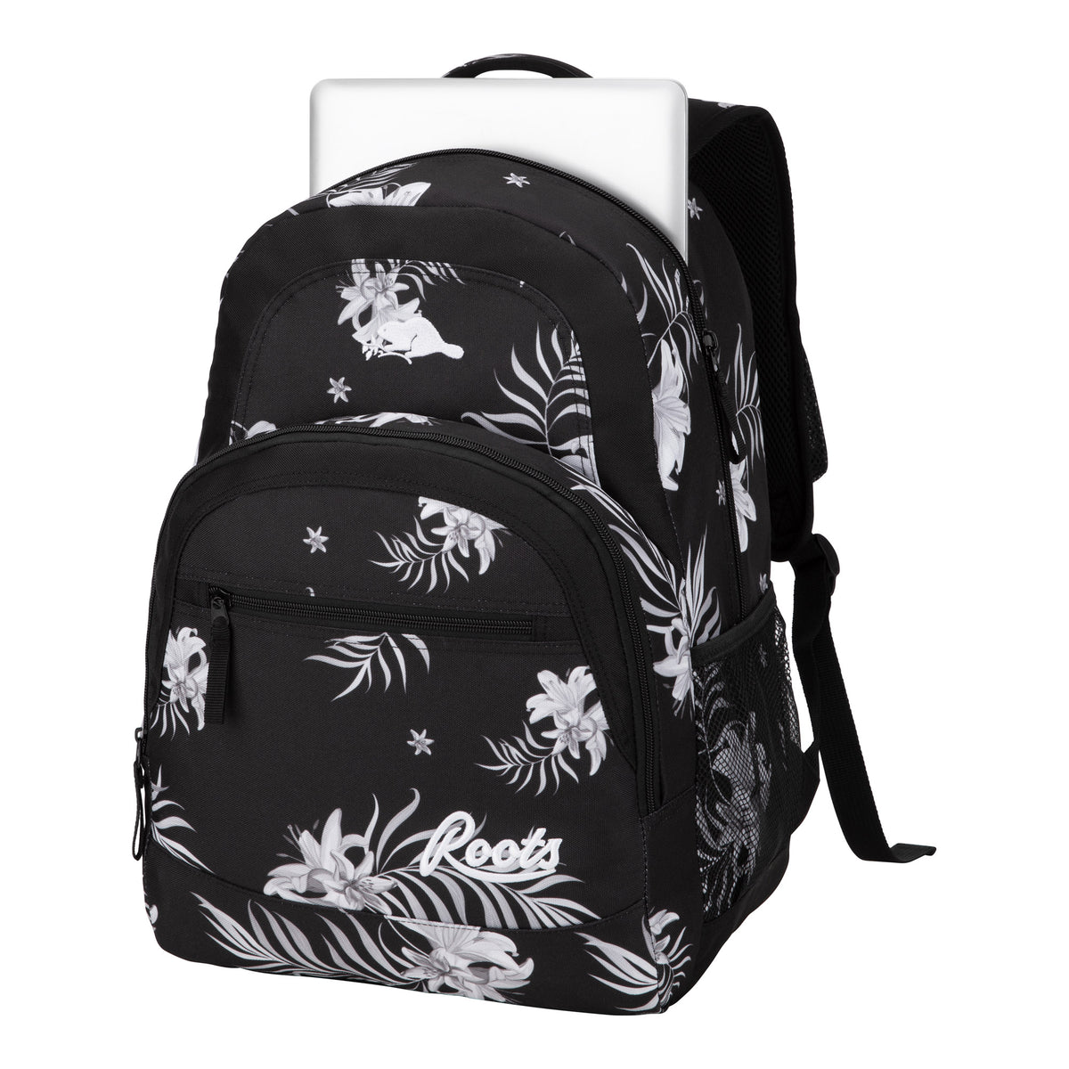Roots 34L Laptop Backpack in black recycled fabric with a white floral print, featuring space for a 15.6″ device.