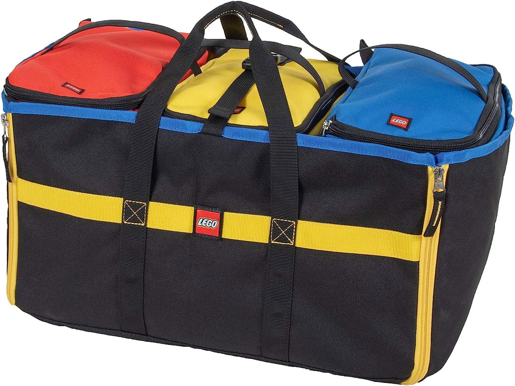 LEGO® 4-Piece Organizer Tote and Playmat - black tote with red, yellow, and blue compartments and handles.