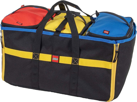 Product Image – LEGO® 4-Piece Organizer Tote and Playmat - black tote with red, yellow, and blue compartments and handles.