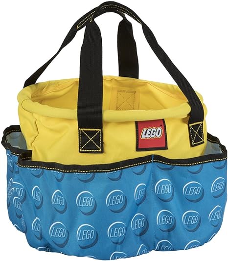 LEGO® Storage Big Bucket by LEGO: yellow/blue tote with handles, exterior pockets, and folds flat.