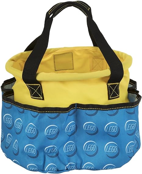 The LEGO® Storage Big Bucket is a yellow and blue tote with pockets, two black handles, and collapses flat.