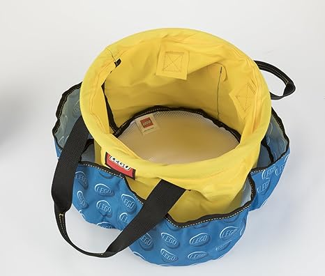 LEGO® Storage Big Bucket by LEGO: durable yellow/blue bag with black handles, collapses flat for easy storage.