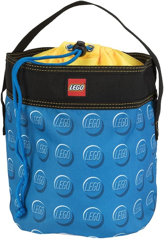 Blue LEGO® Cinch Bucket—water-resistant drawstring bag with yellow lining.