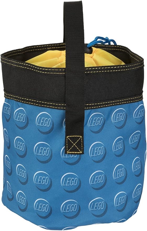 LEGO® Cinch Bucket: blue fabric storage bag with yellow drawstring, handle, and water-resistant design.