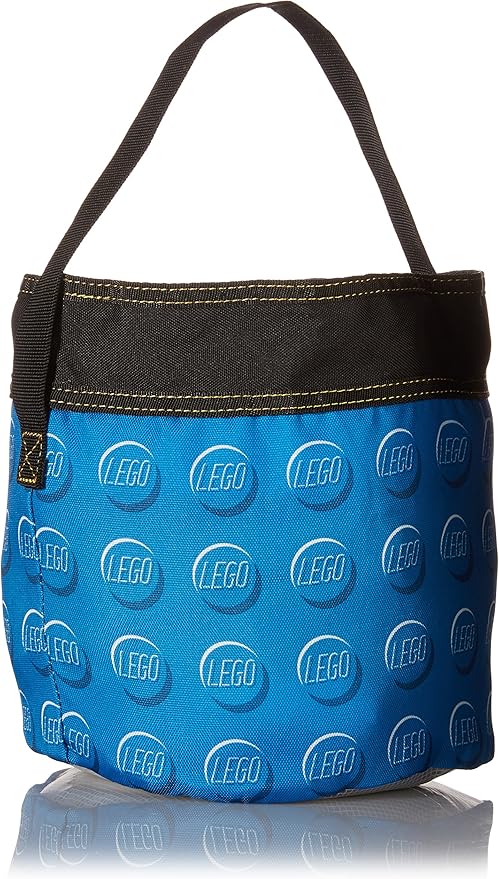 LEGO® Cinch Bucket - ONLINE ONLY: A blue, water-resistant LEGO tote with black handle and circular LEGO logos.