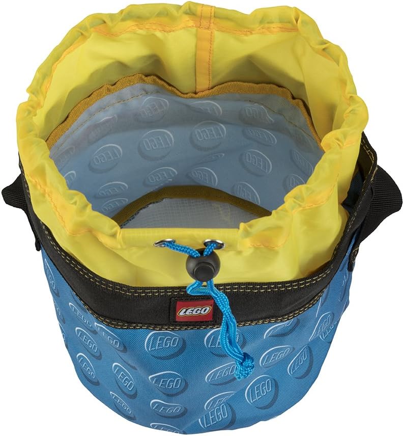 The LEGO® Cinch Bucket - ONLINE ONLY by LEGO, blue/yellow with a black handle, shown open from above.