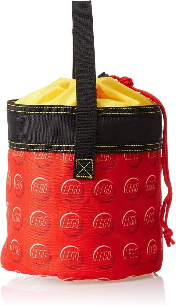 LEGO® Cinch Bucket - ONLINE ONLY: Red and yellow bag with handle and circular LEGO logo patterns.