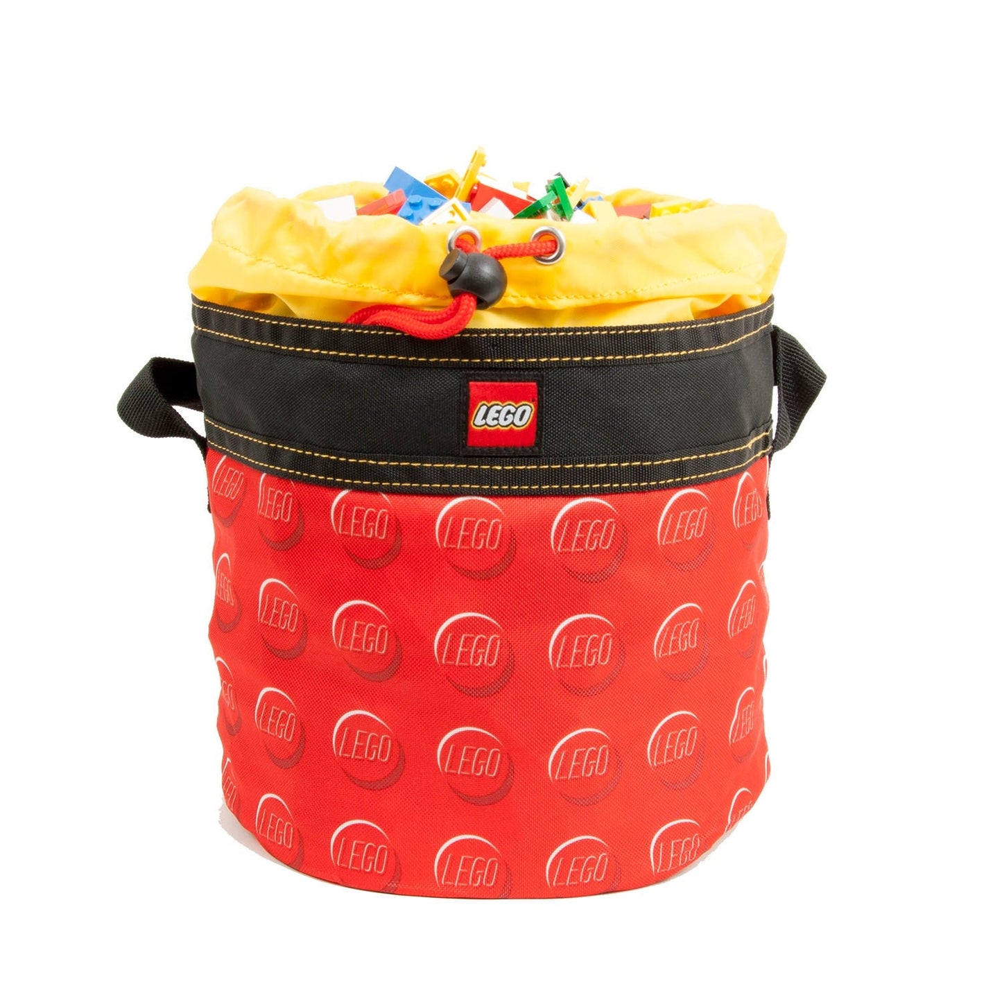 LEGO® Cinch Bucket - ONLINE ONLY: Water-resistant, with handles, drawstring, filled with assorted LEGO pieces.