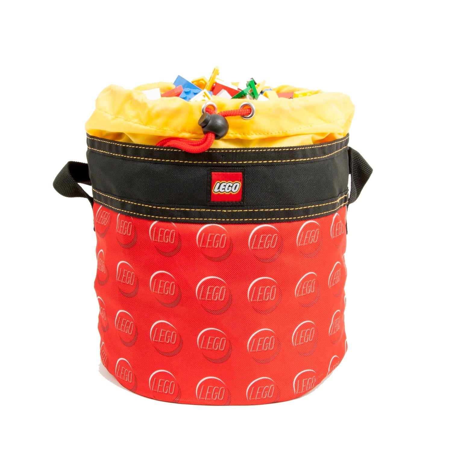 LEGO® Cinch Bucket - ONLINE ONLY: Water-resistant, with handles, drawstring, filled with assorted LEGO pieces.