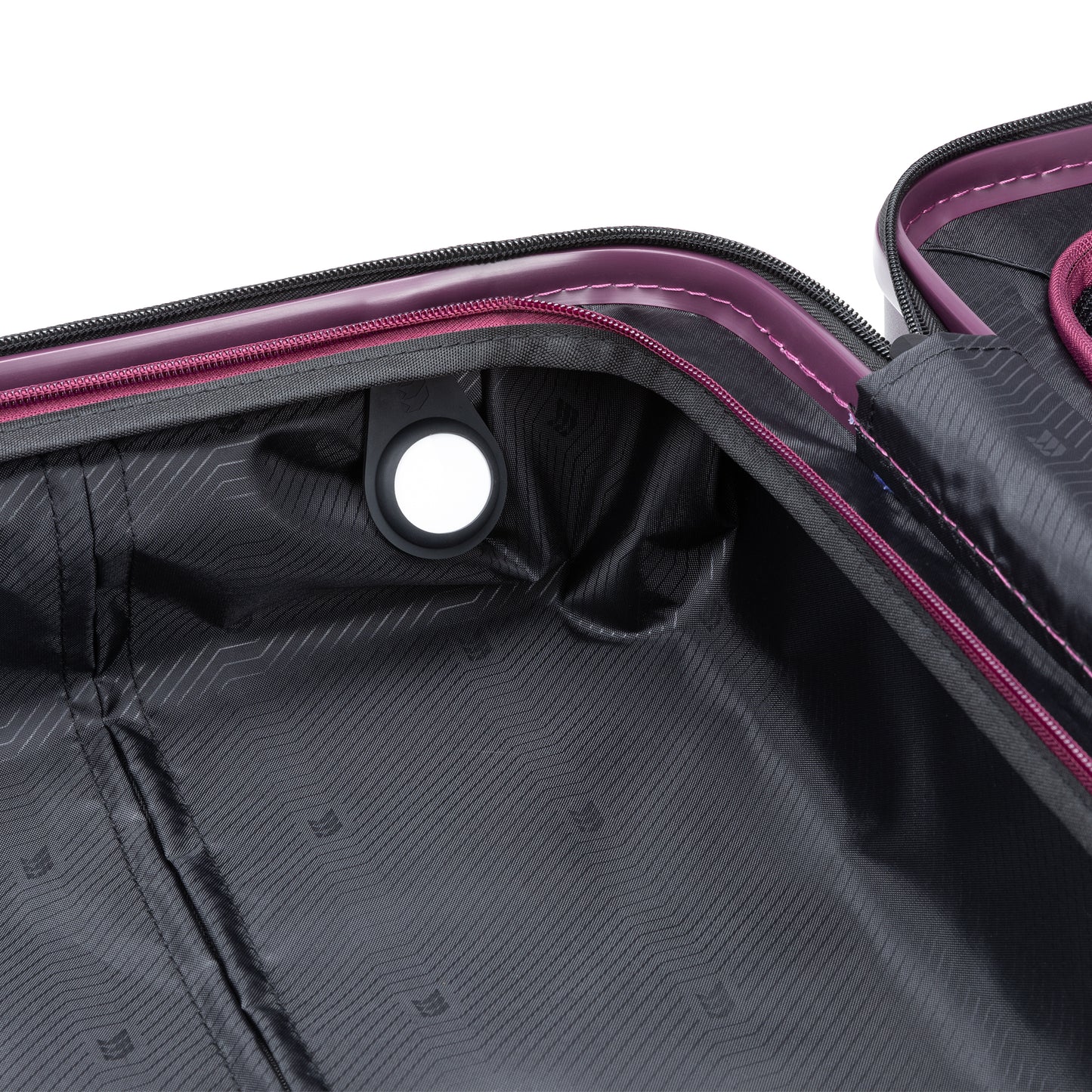 Open Travelite Itinerary carry-on interior with purple trim, featuring a tracker holder on the lining.
