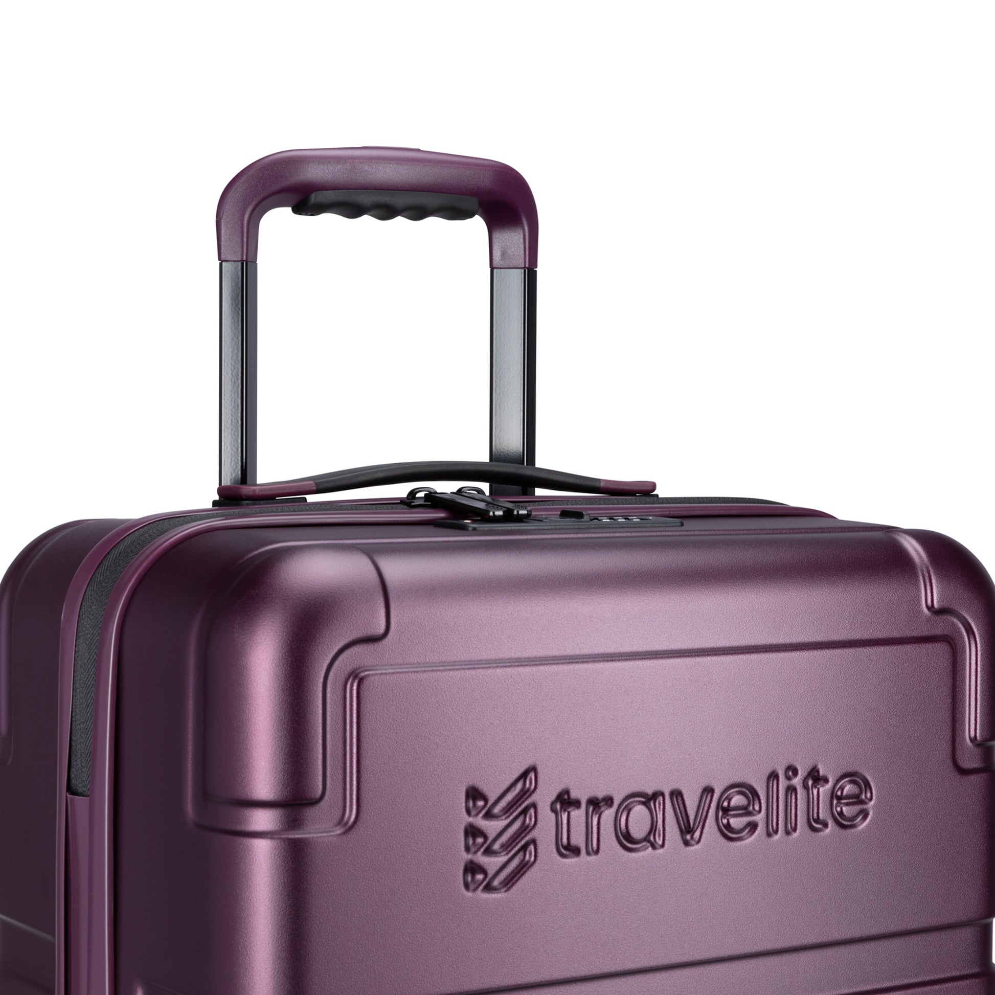 Fig purple Travelite Itinerary Carry-On with TSA lock, extending handle, plus embossed brand name on front of case.