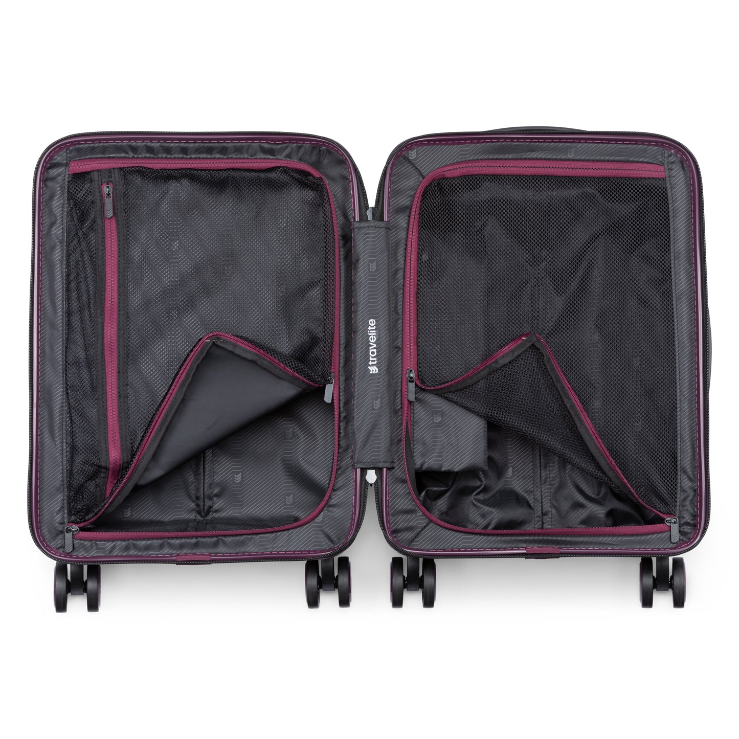 Travelite Itinerary Hardside Spinner inside view: ultra-light carry-on with TSA lock, dual compartments, and mesh pockets.