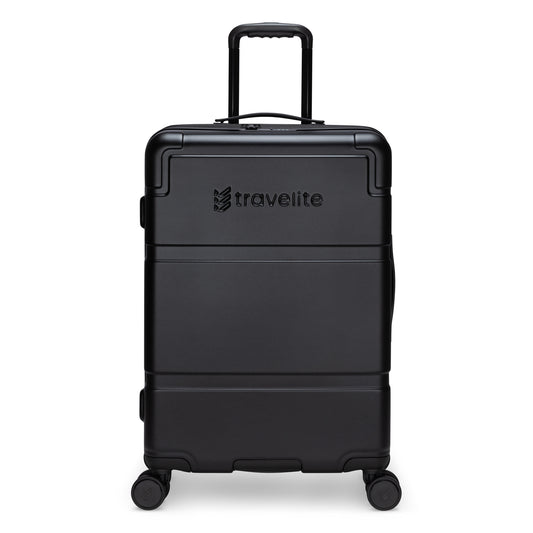 Product Image – Travelite Itinerary Medium Expandable Hardside Spinner: Black, 8 spinner wheels, telescopic handle.