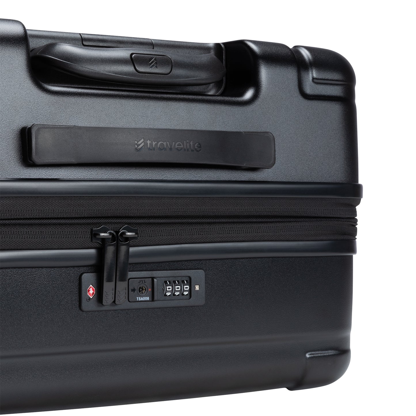 Travelite Itinerary Medium Hardside Spinner: Black, lightweight polycarbonate with 8 wheels and sturdy handle.
