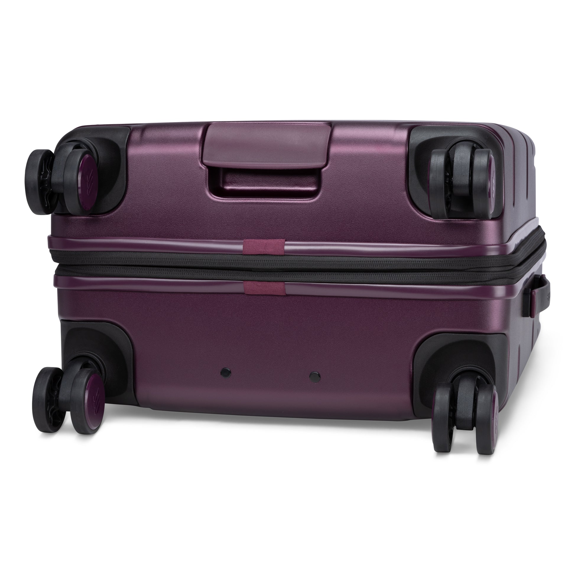 Bottom view of fig purple Travelite Itinerary medium spinner with black spinner wheels.