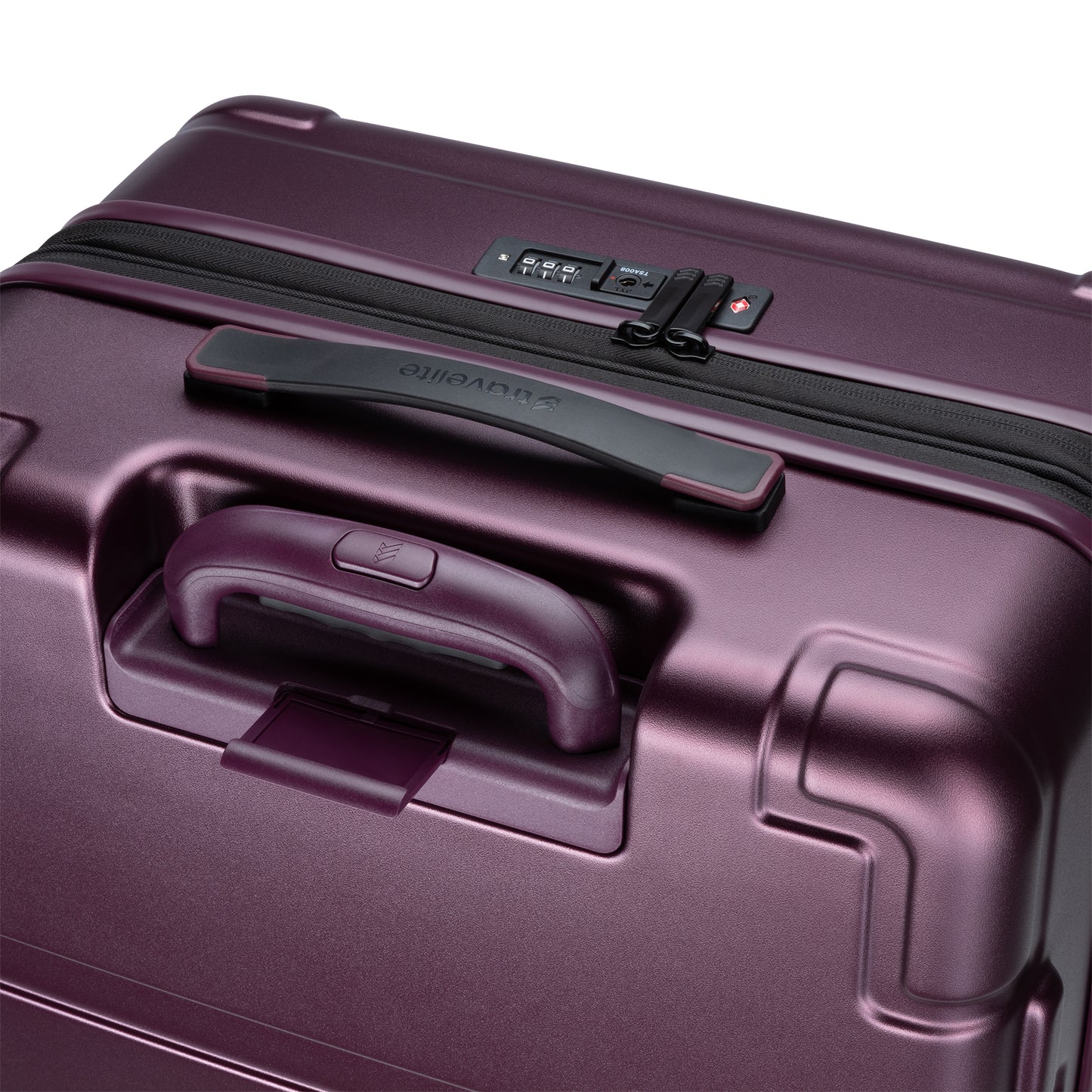 Top back view of the Travelite Itinerary medium hardside spinner in fig purple.
