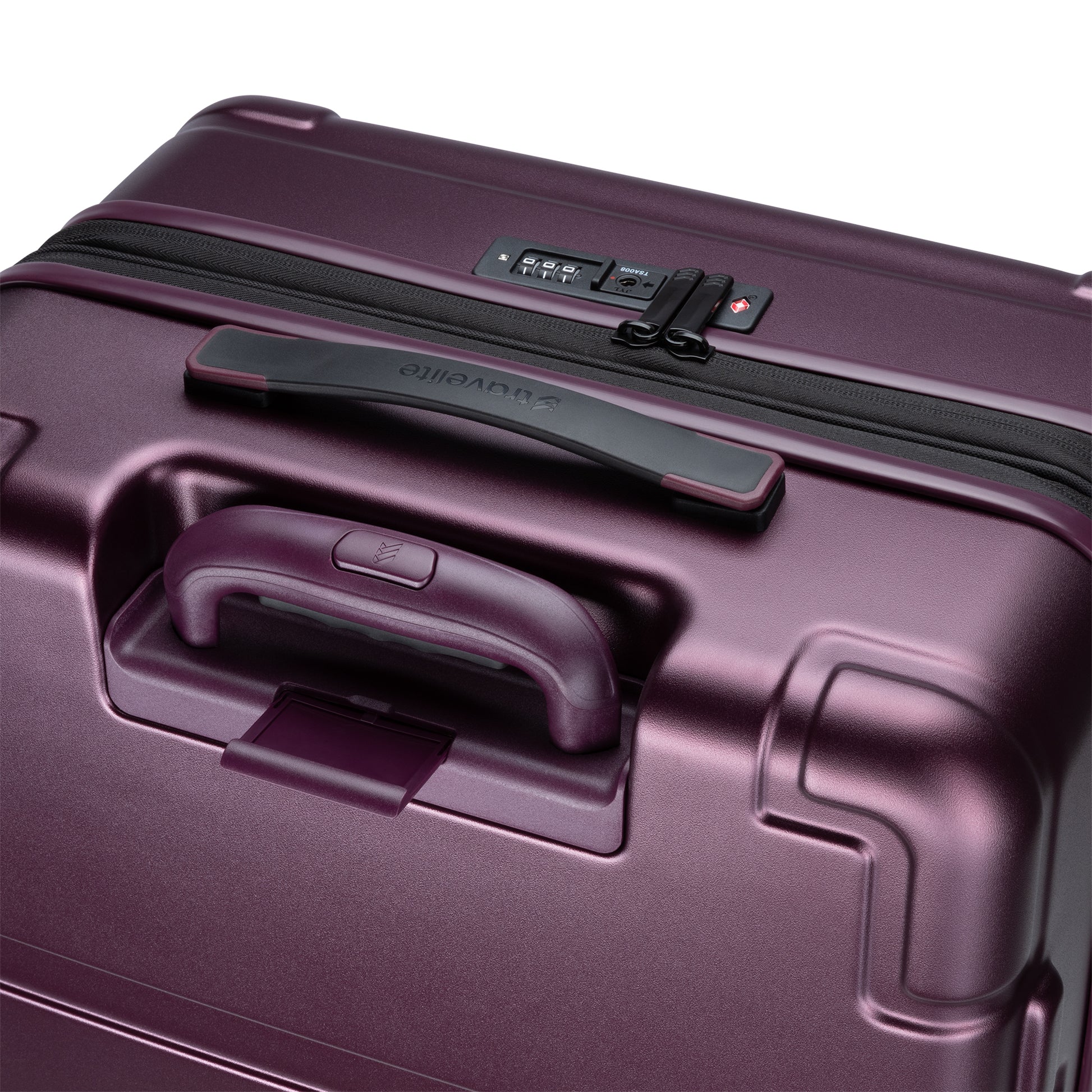 Top back view of the Travelite Itinerary medium hardside spinner in fig purple.