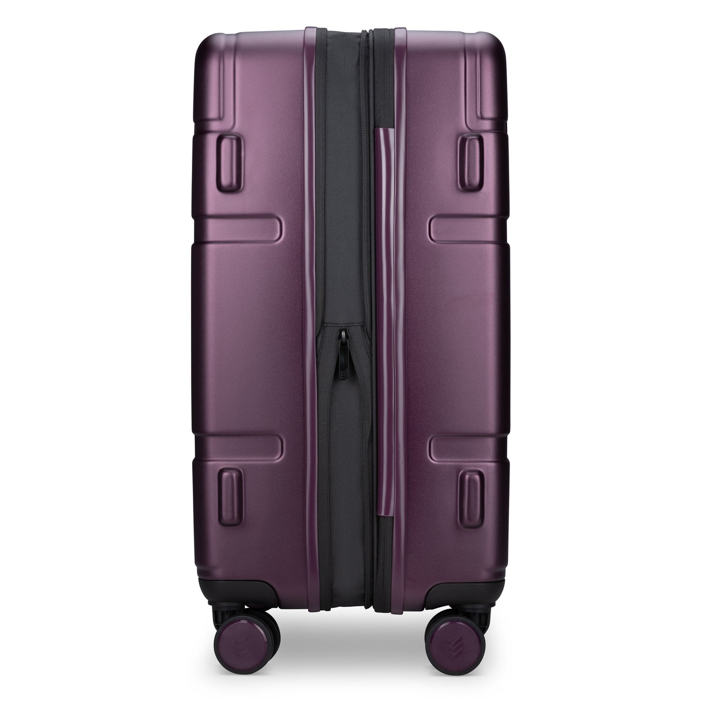 Travelite Itinerary: A medium expandable hardside spinner in fig purple polycarbonate with four wheels.