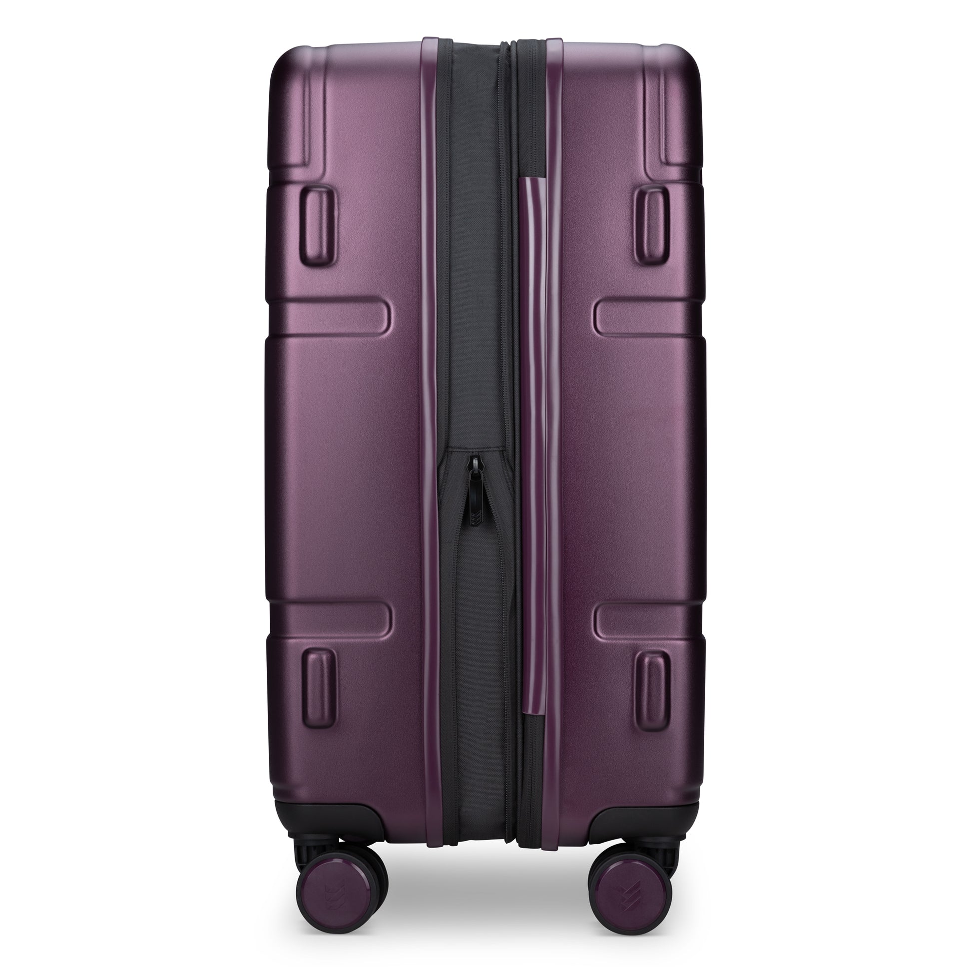 Travelite Itinerary: A medium expandable hardside spinner in fig purple polycarbonate with four wheels.