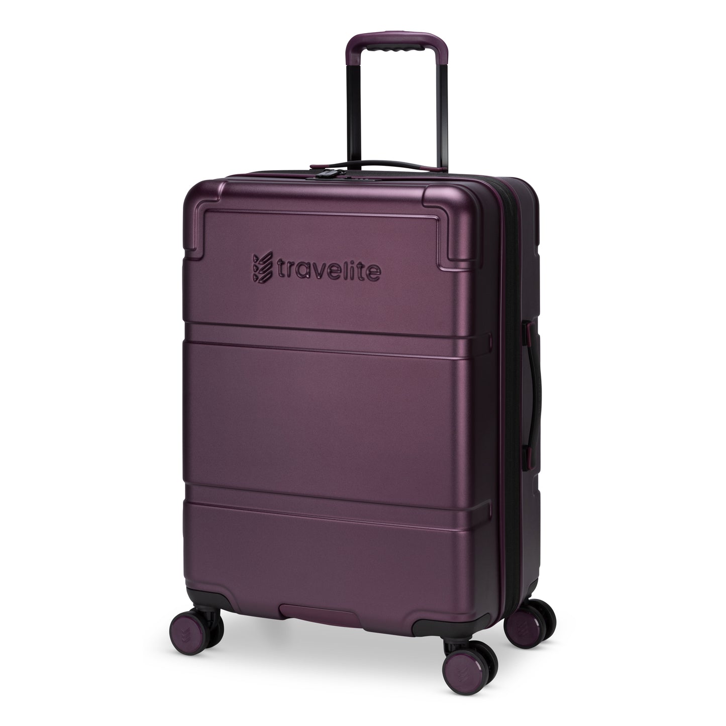 Fig purple Travelite Itinerary Medium Expandable Hardside Spinner with 8 360-degree spin wheels.