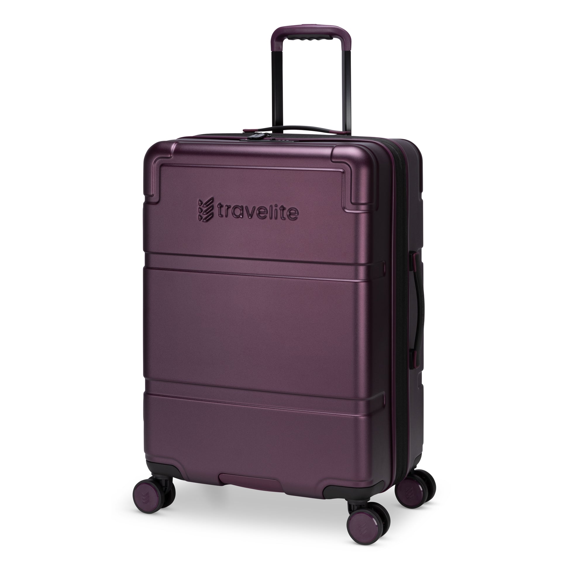 Fig purple Travelite Itinerary Medium Expandable Hardside Spinner with 8 360-degree spin wheels.