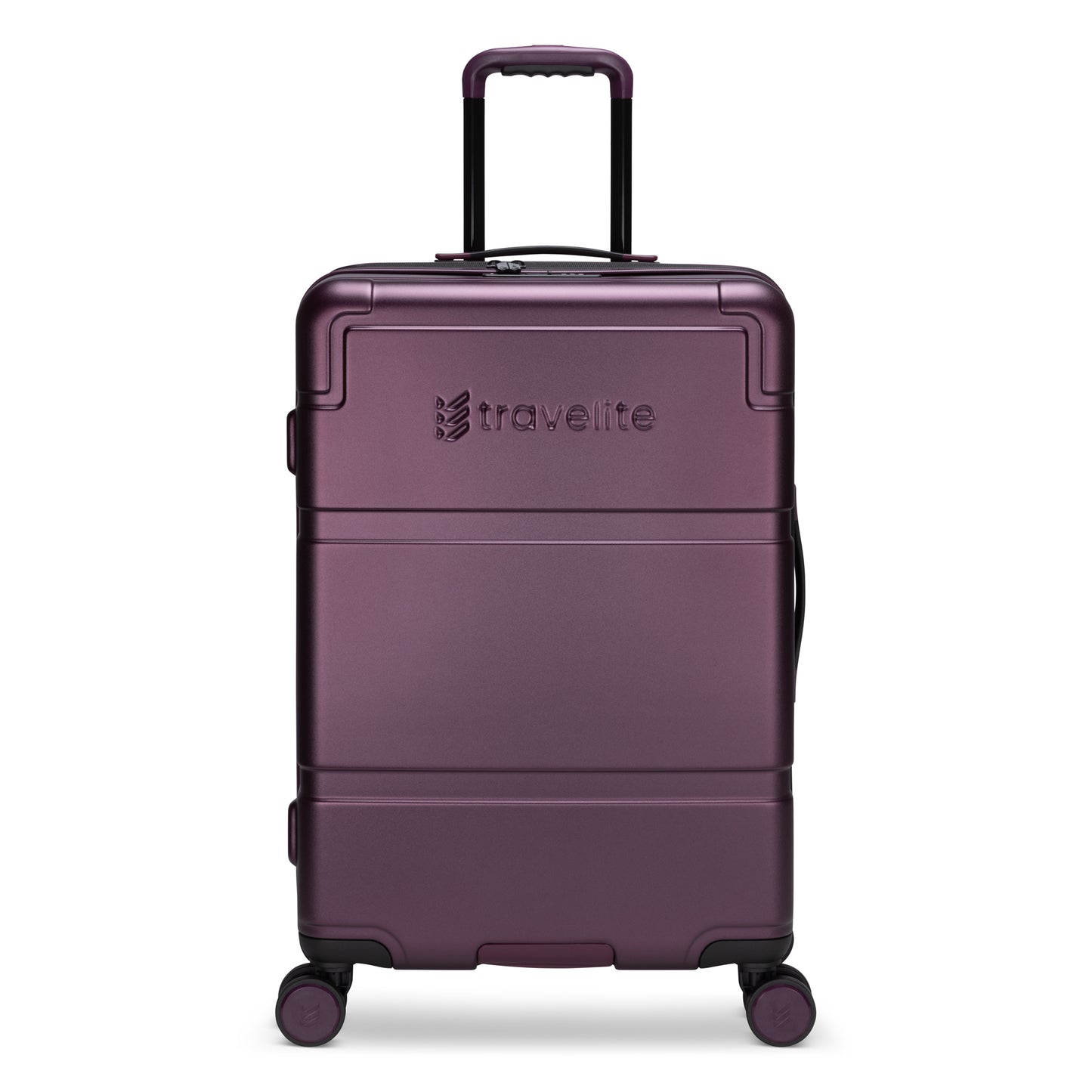 A Travelite Itinerary Medium Hardside Spinner in fig purple with 8 wheels and a telescopic handle.