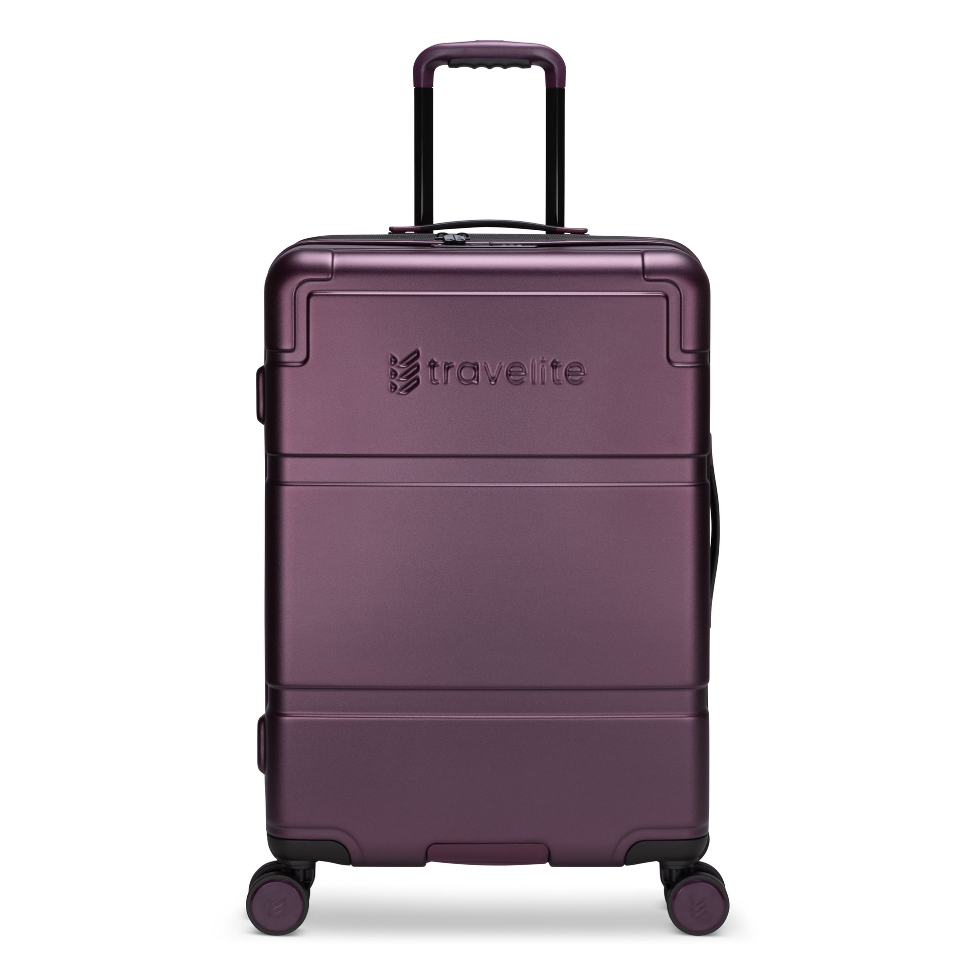 A Travelite Itinerary Medium Hardside Spinner in fig purple with 8 wheels and a telescopic handle.