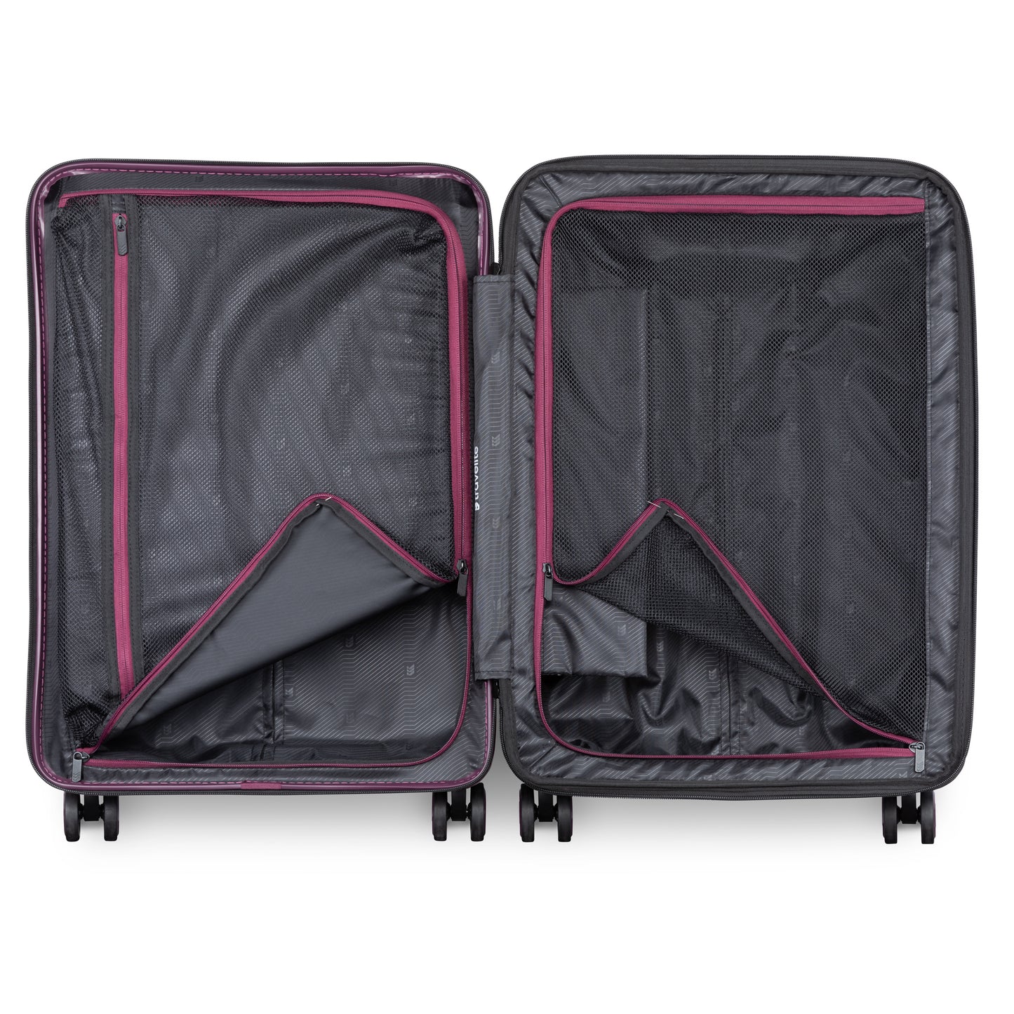 Travelite Itinerary Medium Expandable Hardside Spinner: open with mesh pockets, eight spinner wheels.