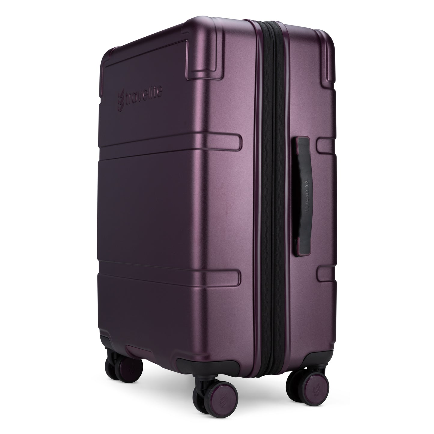 Travelite Itinerary Medium Expandable Hardside Spinner from Travelite: Fig purple, lightweight, with eight wheels and side handle.