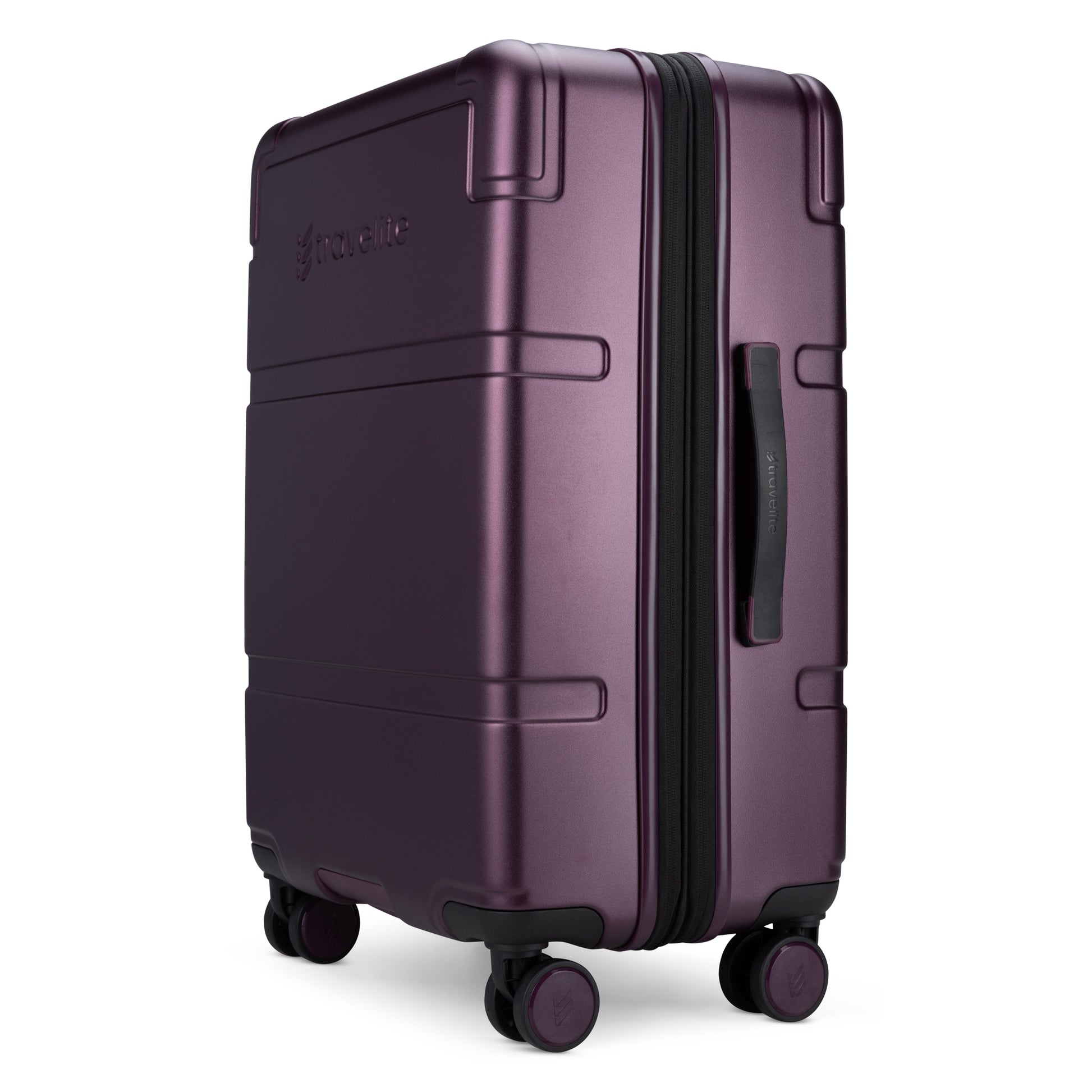 Travelite Itinerary Medium Expandable Hardside Spinner from Travelite: Fig purple, lightweight, with eight wheels and side handle.