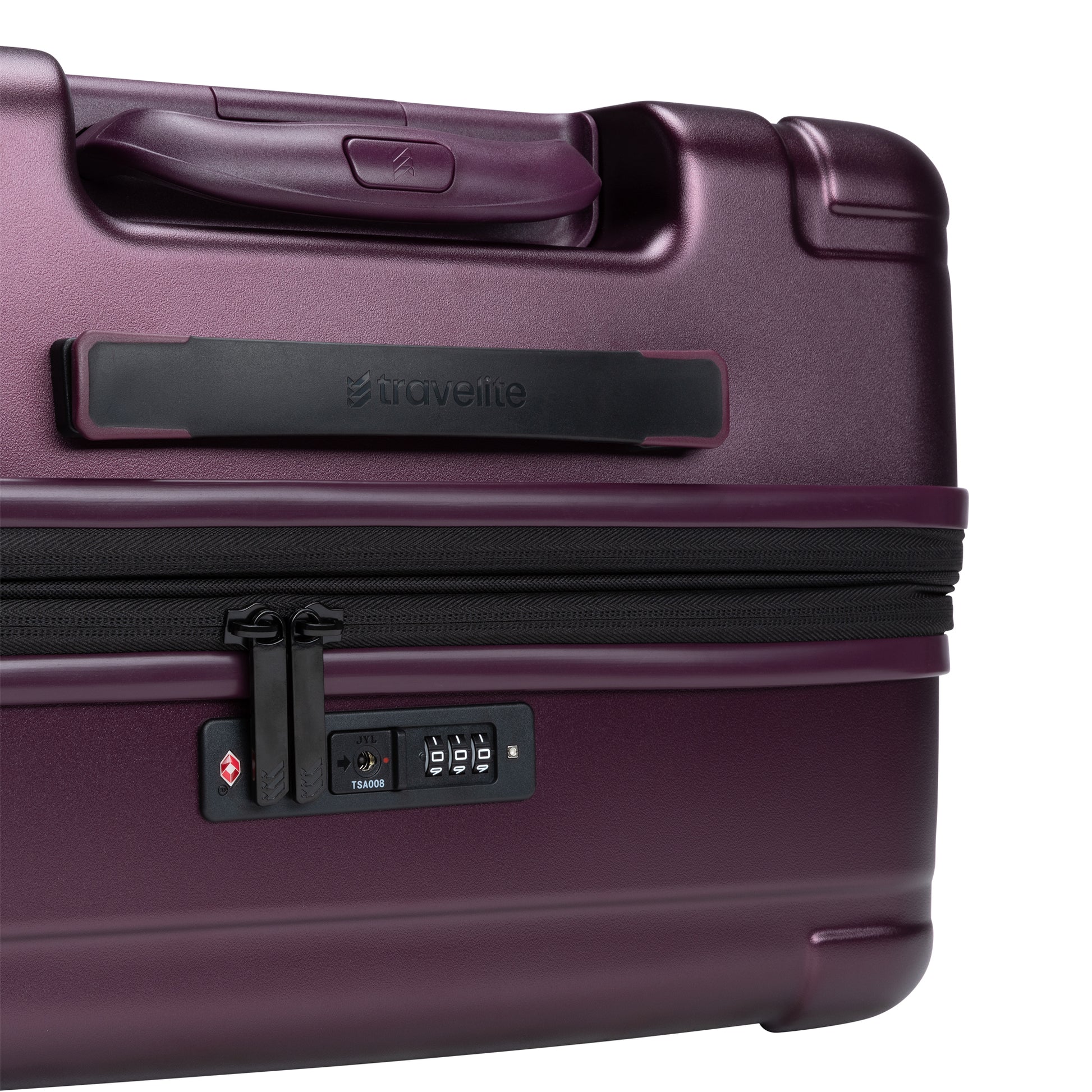 Top view of Travelite Itinerary medium size hardside spinner in fig purple.