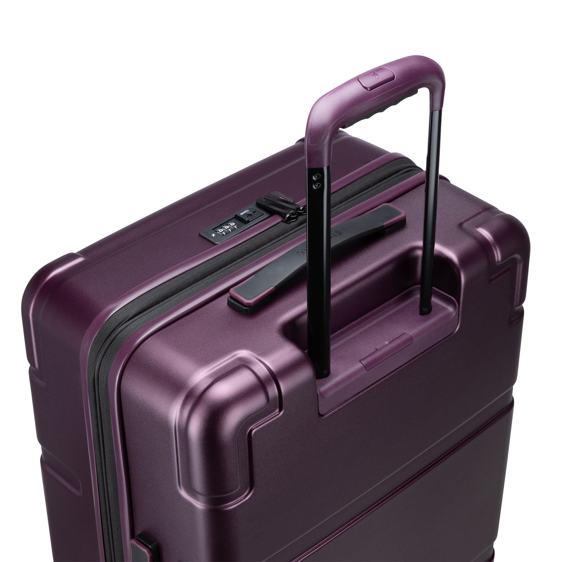 Travelite Itinerary Medium Expandable Hardside Spinner, fig purple, polycarbonate with combo lock and eight 360° wheels.