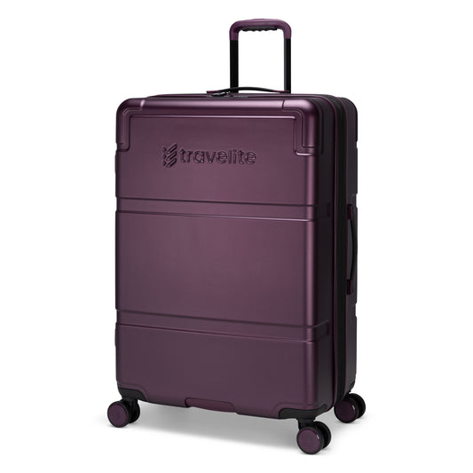 Product Image – Travelite Itinerary Large Expandable Hardside Spinner in purple with 4 wheels and telescopic handle.