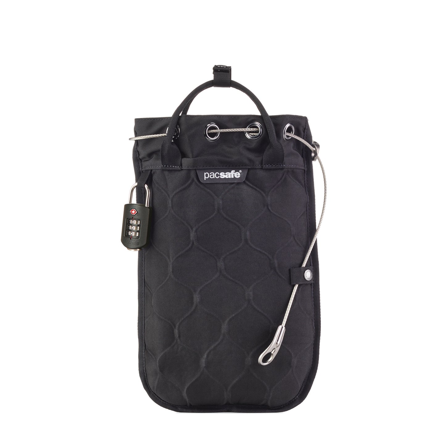 Black Pacsafe® Travelsafe 3L GII portable safe, cable-secured, with a combination lock.