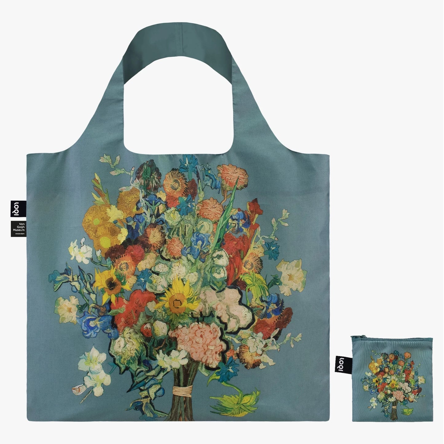 The LOQI Reusable Tote by Loqi is a blue eco-friendly bag with a floral print and matching small pouch.