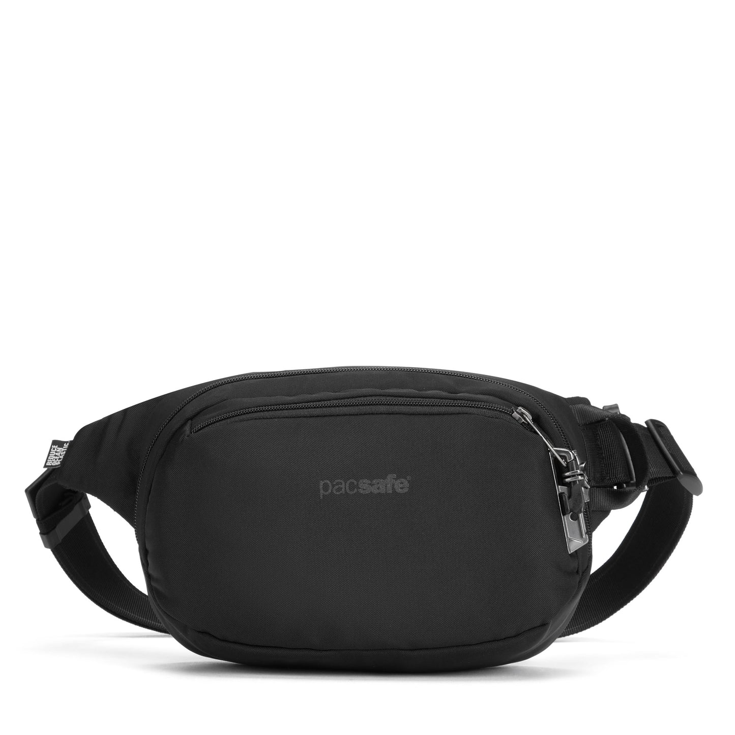 Pacsafe® V Anti-theft Hip Pack by Pacsafe: black with lockable zips, multiple compartments, adjustable strap.