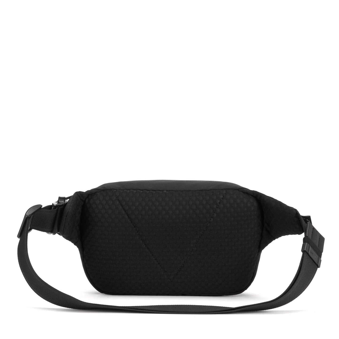 Pacsafe® V Anti-theft Hip Pack, black textured with lockable zips and adjustable strap.